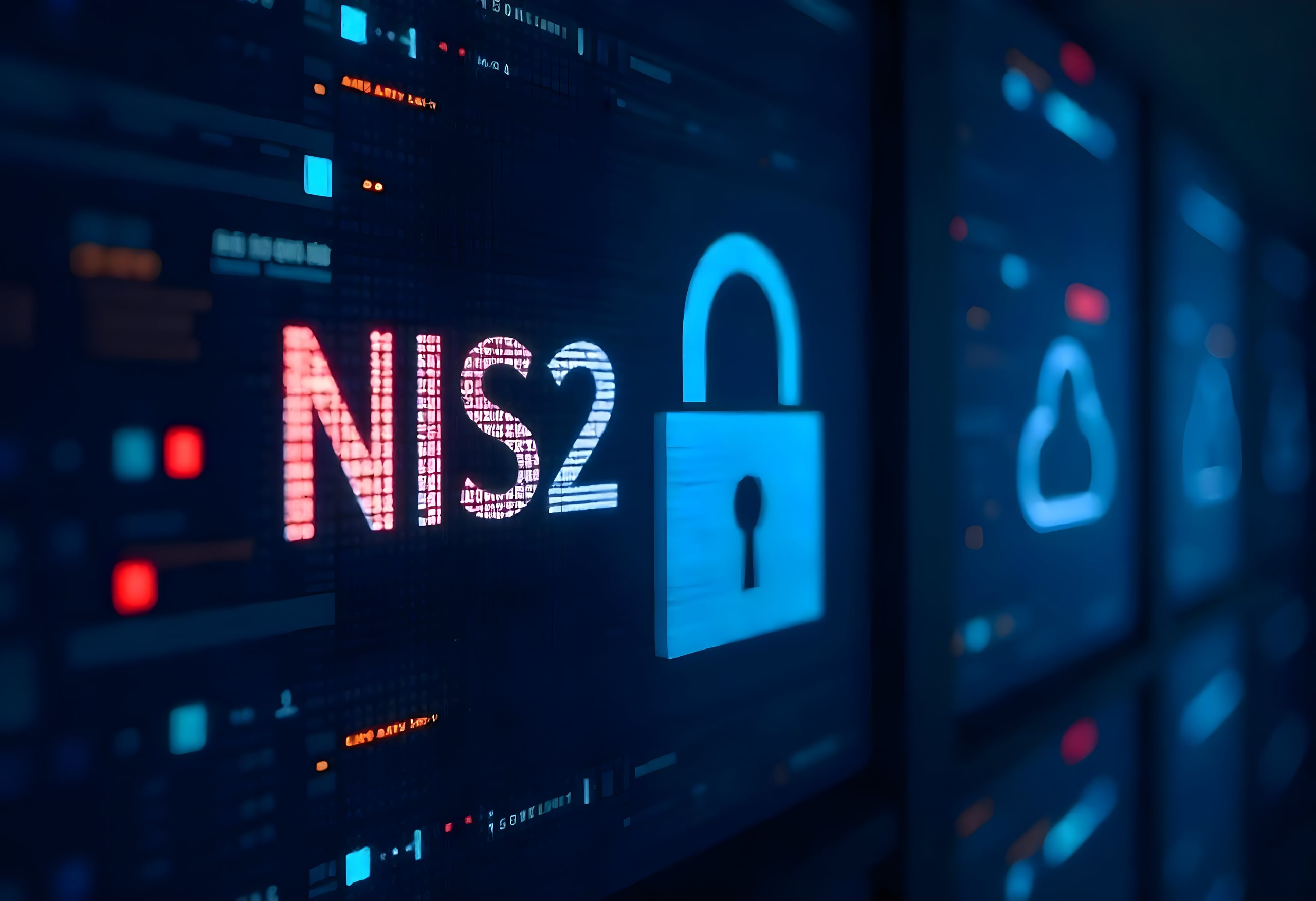 Digitale NIS2-Schnittstelle mit Vorhängeschloss und sicheren Systemsymbolen