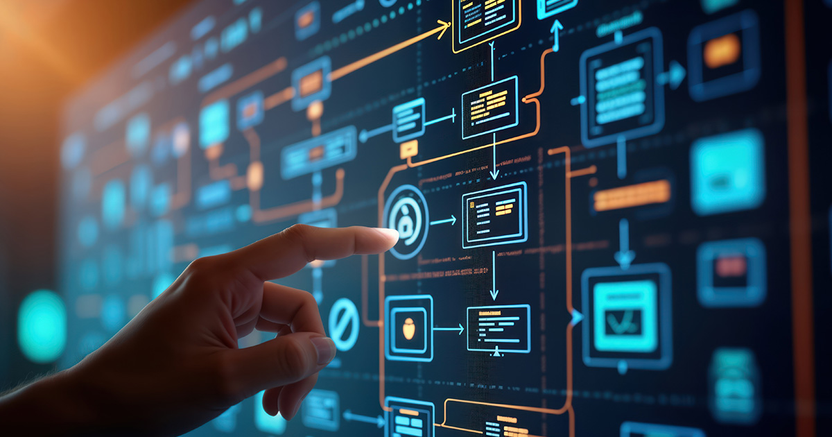 The hand interacts with the interactive database screen. Visual representation of the navigation process.